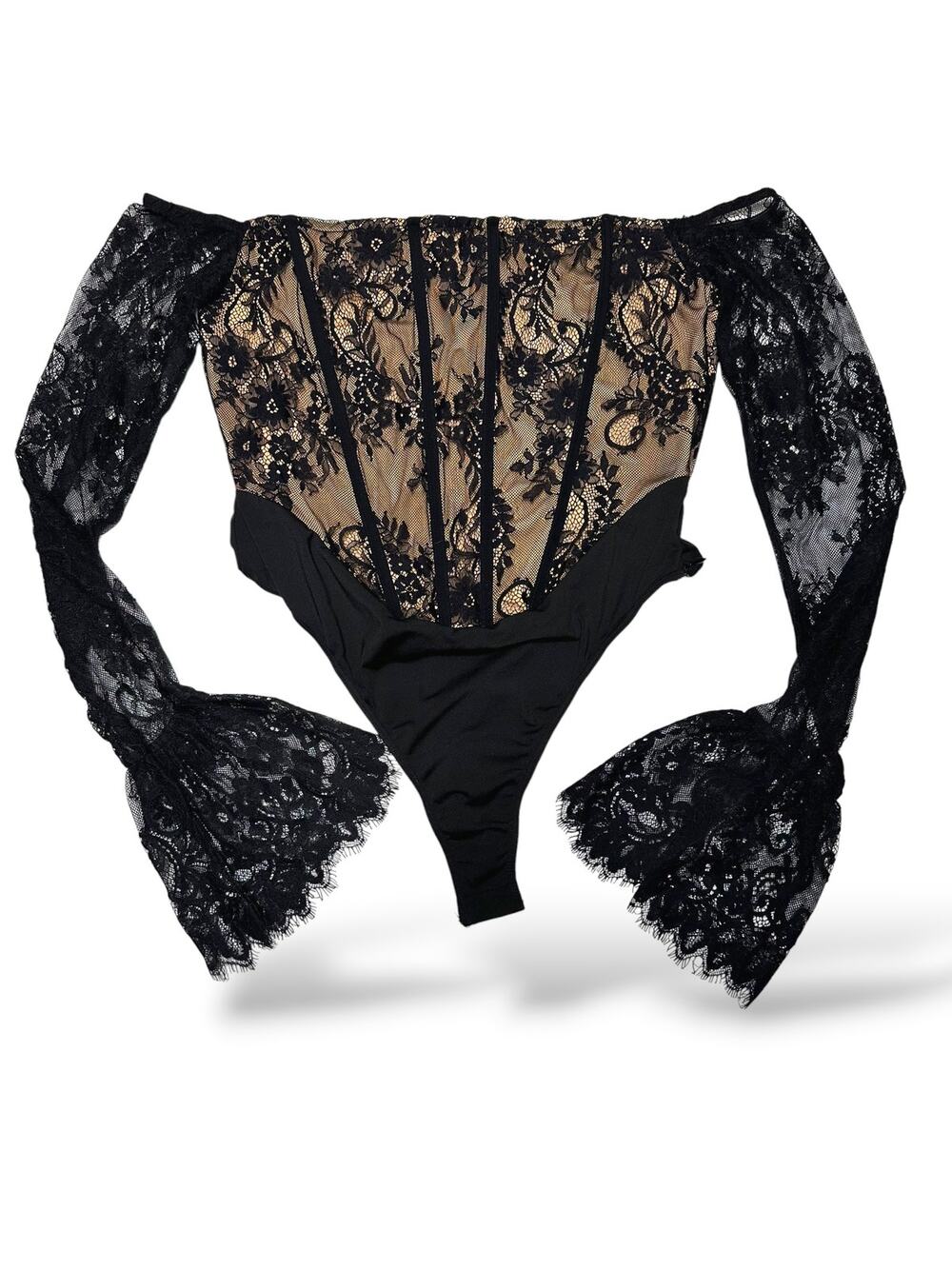 Fashion Nova Black Lace Off-Shoulder Corset Bodysuit Size Large